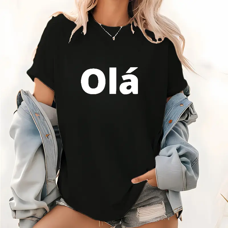Women's Casual Short Sleeve T-Shirt - Stylish 'Ola' Graphic Print, Soft Stretch Fabric, Round Neck, Machine Washable - Versatile for Casual Attire & Travel Tee Style