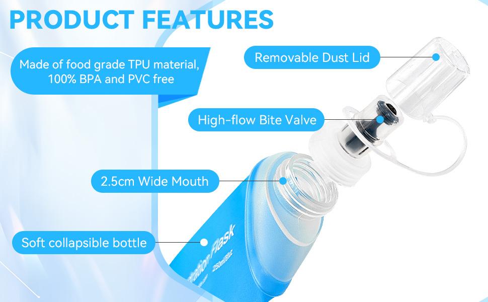 Soft TPU Foldable Hydration Flask 500ml Collapsible Water Bottle with Bite Valve for Running Cycling Hiking and Outdoor Activities