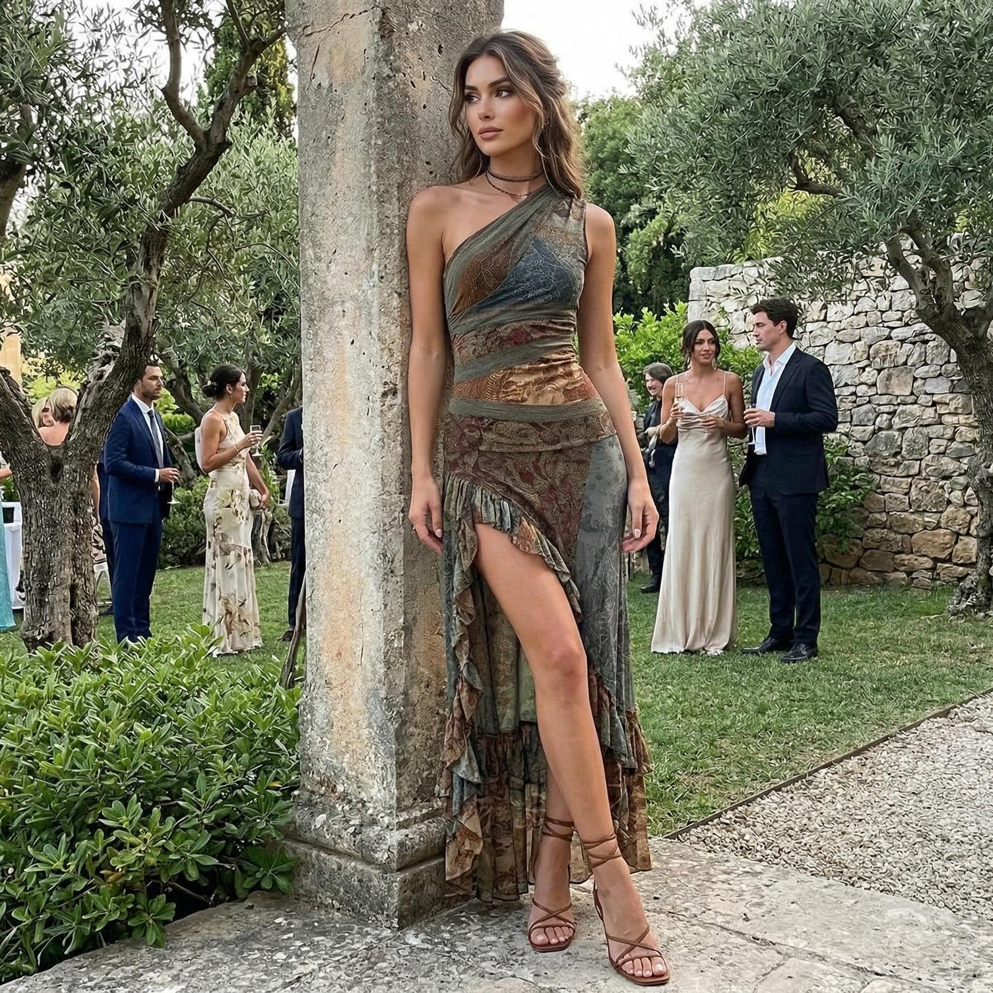 Bohemian Western Dresses for Women 2026 - One Shoulder High Slit Maxi Sundress, Boho Ruffle Asymmetrical Casual Summer Dress, Graduation Dress, Prom Dress, Wedding Guest Dresses | Cowgirl, Festival, Concert, Beach Vacation