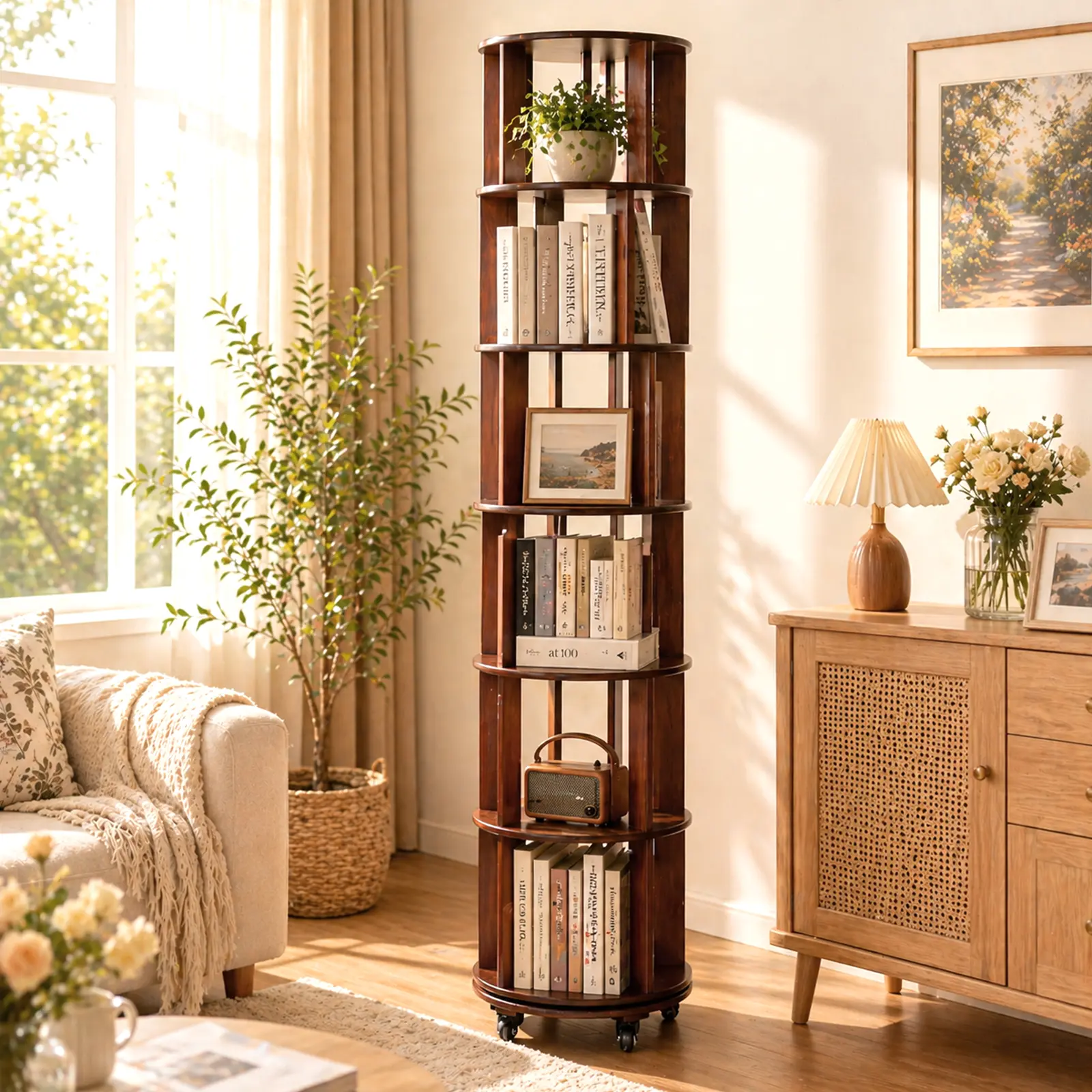 6 Tier Solid Wood Rotating Bookshelf Tower, 360° Spinning Bookshelf with Lockable Wheels for Small Spaces, Corner Tall Floor Standing Round Bookcase for Bedroom, Study, Living Room, Walnut