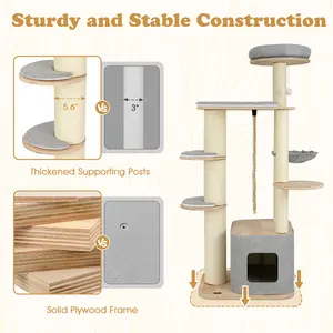 COSTWAY - 63 Inch Tall Cat Tree Modern Wooden Cat Tower with Perch Condo Hammock-Gray