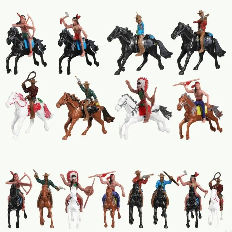 Plastic Western Cowboy & Indian Horse Riding Figurines Set, 8-Pack Home Decor Statues for Children’s Playtime & Office Display