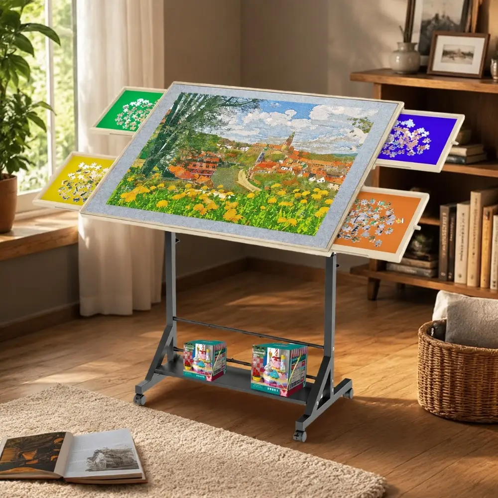 Littleox Wooden 1500 Pieces Puzzle Table with Drawer, 35"*27.17" Adjustable Puzzle Table, 360° Tilting Puzzle Table with Legs and Wheels, Adjustable Height and Angle, with Protective Cover
