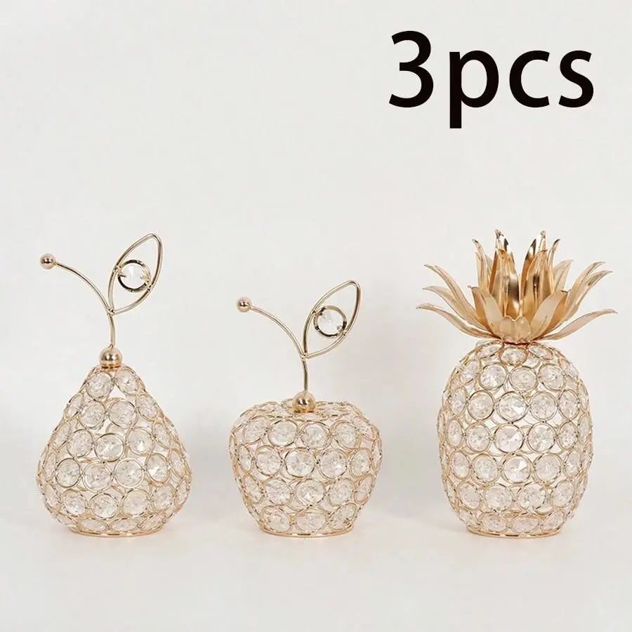 3pcs Gold-Colored Crystal Fruit Decor - Handmade Apple, Pear And Pineapple Statues, Ideal For Tabletop Decoration, Holiday Celebration, Gifts, Mirrors, Treasure, Necklace, Ring, Birthday Storage Box, Wedding, Ladies, Girls, Storage, Birthday Gifts