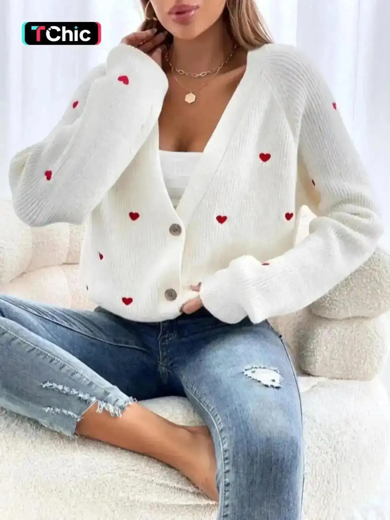 2026 Women's Heart Print Button Front Raglan Sleeve Cardigan, Valentine's Day Casual Long Sleeve V Neck Knitwear for Spring & Fall, Cardigan for Women, Women's Knit Clothing for Daily Wear, Gifts for Her, Cardigans