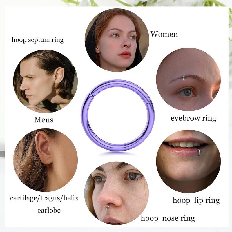 FINREZIO 8 Pcs 16G 18G G23 Titanium Nose Rings Hoop for Women Men Multi-Color Hinged Cartilage Lip Septum Rings Helix Conch Tragus Piercing Jewelry 8MM 10MM Daily