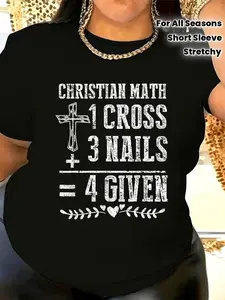 Women's Christian Math Faith T-Shirt - Cross and Nails Design with Christian Math Equation 1 Cross + 3 Nails = 4 Knowns - Soft Stretch Round Neck Casual Short Sleeve Top - Opaque Non-See-Through Fabric - All-Season Wear - Suitable for Church