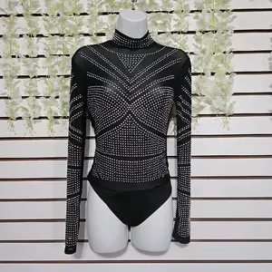 Mera Mesh Rhinestones Bodysuit for Women - Comfortable Long Sleeve Top with Unique Design and Black Bottoms - Tops