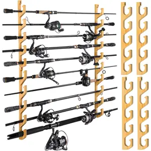 WH5 Horizontal Fishing Rod/Pole Holders for Garage, Wall or Ceiling Mounted Rack, Solid Wood, Holds Up to 5/10/20 Rods or Combos or Nets Storage Racks