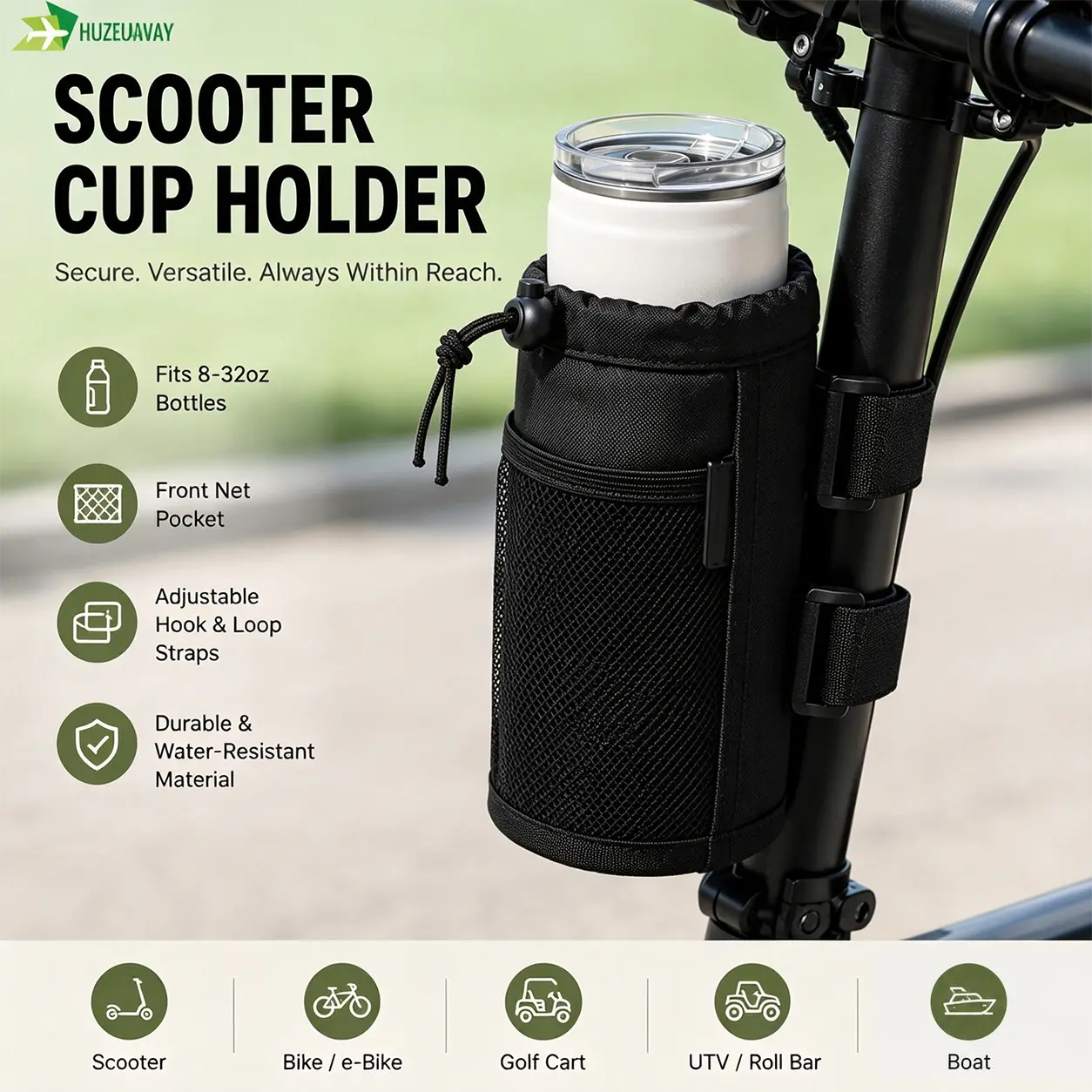 Scooter Cup Holder for 8-32oz Bottles, Wheelchair Walker Water Bottle Holder for UTV Roll Bar Bike e-Bike Golf Cart and Boat, Drink Holder with Net Pockets and Hook and Loop Straps Organiser,Adjustable