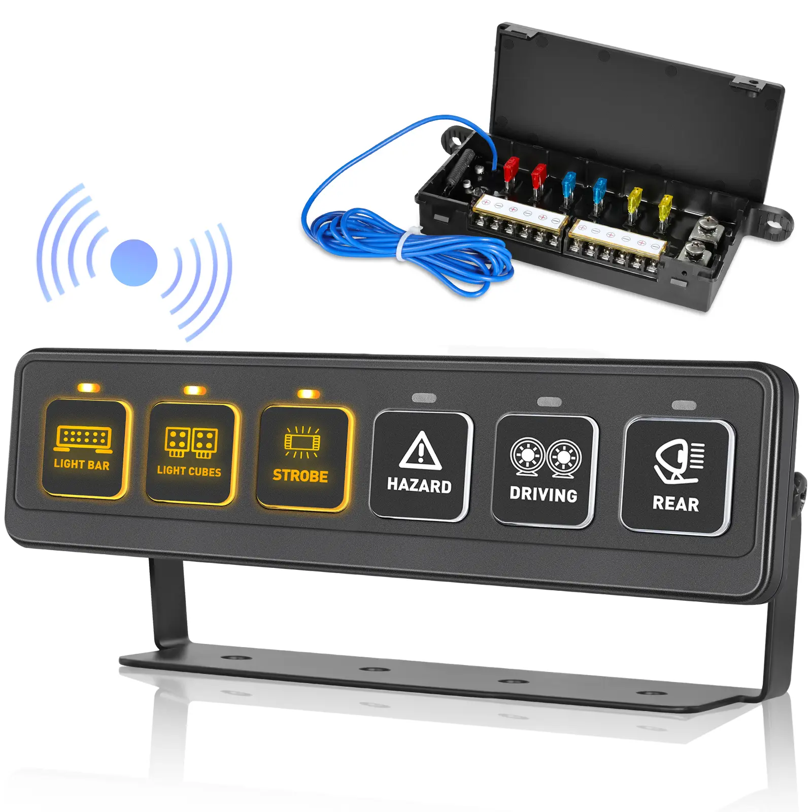 JIEPENG 6-Button Wireless Remote Control ON-OFF Switch Panel, 6-Mode Multifunction System, Compact Mini Relay Fuse Box, Backlit for Off-Road Trucks, Car Lights (Horn, Work Pod Compatible)
