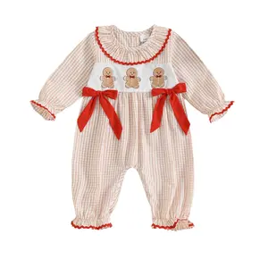 Baby Girl Plaid Bubble Romper Christmas Gingerbread Embroidery Long Sleeve Ruffled Jumpsuit