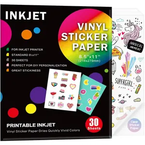 30 Sheets Premium Printable Clear Vinyl Sticker Paper for Inkjet Printers 8.5x11 Inch Waterproof Vibrant Colours Retains Ink Well Tear Resistant Great for Cutting Machines