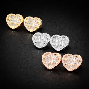 Heart Shaped Screw Back Stud Earring Iced Out Baguette Cubic Zirconia Men Women Hiphop Jewelry Best Gift