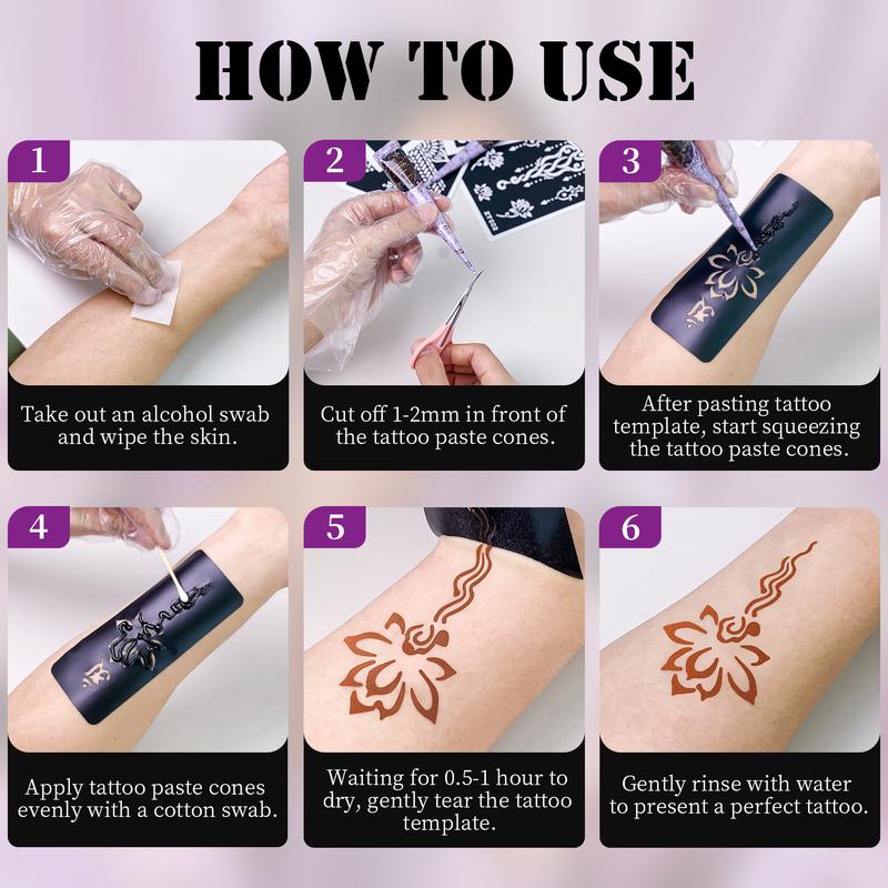 DM Temporary Tattoo Kits 6 Tattoo Cones 133 Stencils Semi Permanent Markers for Women Men Kids DIY Body Makeup Art Party Gifts Long Lasting