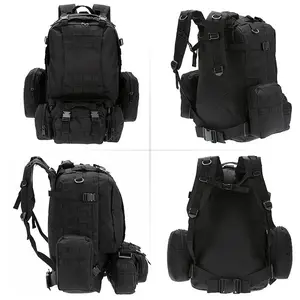 50L Black Military-Style Angel Survival Backpack with 3 MOLLE Bags, Large Stealth Outdoor Daypack