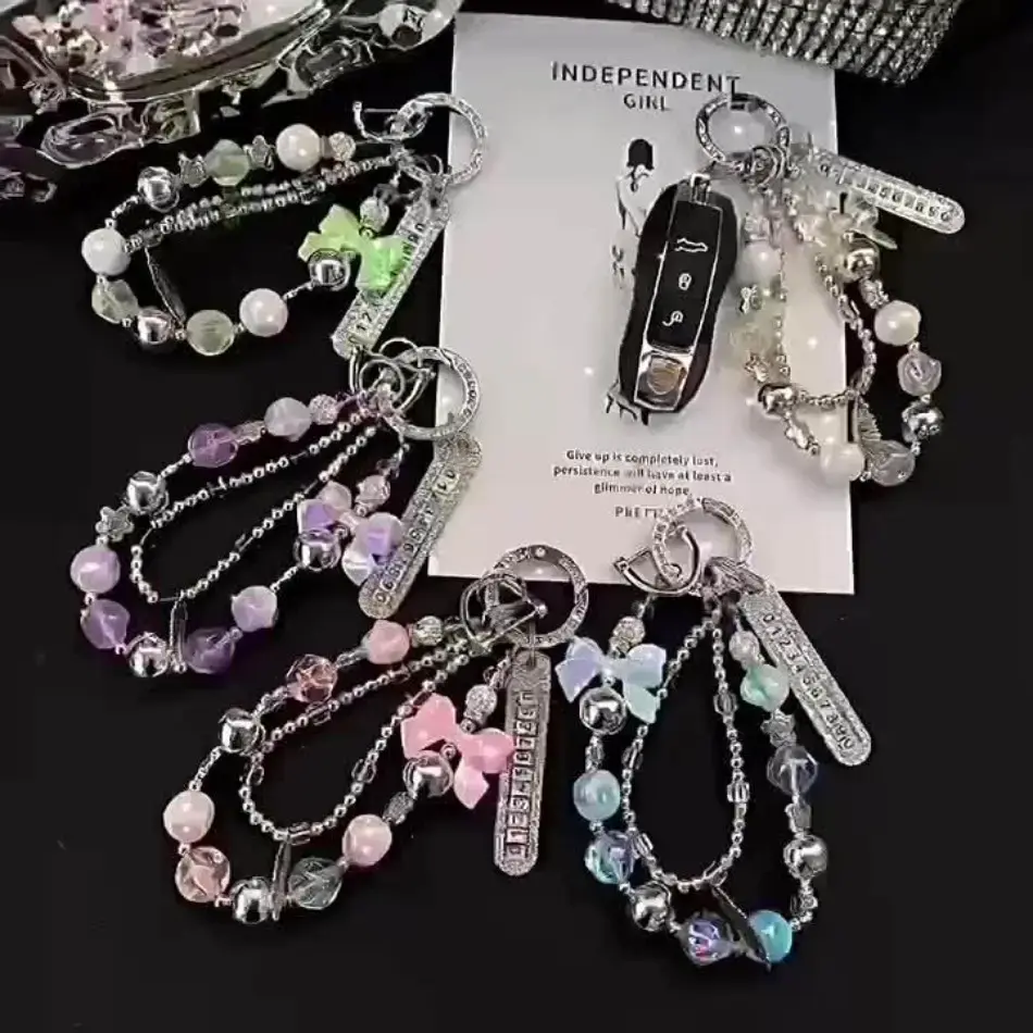 Luxury Beaded Rhinestone Butterfly Wristlet Charm, White Multi-Functional Accessory With Number Plate And Keychain, Portable Cell Phone Decoration For Outdoor Leisure Time And New Year Holiday Gifting