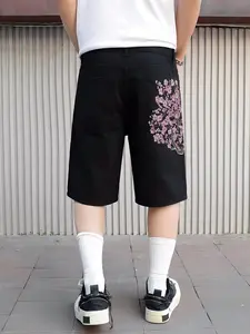 Men's Summer Purple Flower Print Loose-Fit Denim Bermuda Shorts, Y2K Style American Streetwear Casual and Versatile, Suitable as a Gift for Boyfriend or Husband