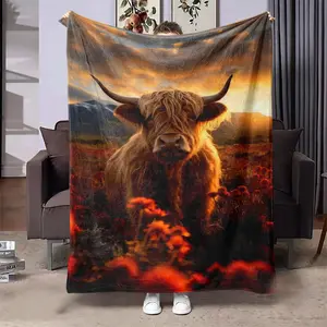 Highland Cow Pattern Blanket, Cow Print Blanket, 1 Count Soft Warm Throw Blanket, Air-conditioned Room Blanket, Warm Nap Blanket for Home Office Travel