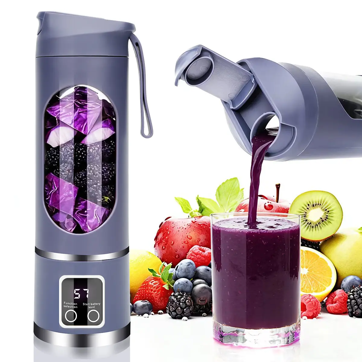 Portable Blender USB Rechargeable, 450ml Mini Juicer Blender with 12 Blades & LED Display, Personal Smoothie Maker for Protein Shakes, Fresh Juice, Baby Food, Travel & Gym