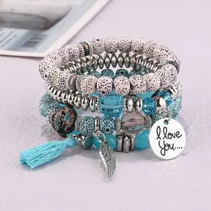 4 Pack Boho Heart Feather Tassel Lava Stone Bracelet Set for Women, Vintage Healing Stackable Elastic Bracelets, Hypoallergenic Dainty Jewelry for Festival Holiday Everyday Wear Gift for Her
