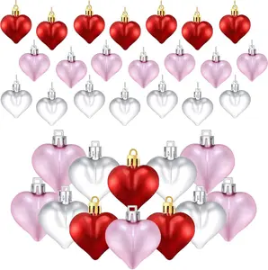 24 PCS Valentine's Heart Hanging Ornaments - Heart Shaped Tree Baubles, Plastic Decoration for Valentine's Day, Mother's Day, Wedding, Home Party - Red, Pink, Silver