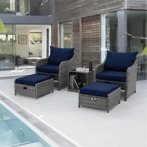 5-Piece Patio Conversation Set, 2 Chairs with 2 Ottomans & Glass-Top Coffee Table, PE Wicker Outdoor Furniture for Indoor/Outdoor Use, Cushions Included, Navy
