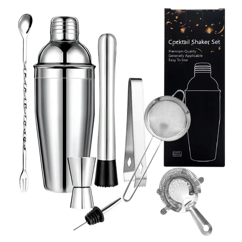 Premium Cocktail Shaker Set Stainless Steel Bar Tools Gift Kit 750ml Complete Set with Jigger Bar Spoon Muddler Hawthorne Strainer Ice Tongs Fine Strainer Pour Spout and Recipe Card