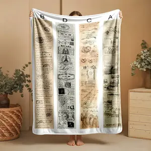 1 piece Retro postage stamps and handwritten letters nostalgic style design themed flannel blanket - All-season comfortable flannel blanket, modern style, suitable for sofas and beds, digitally printed pattern, super soft and warm, 100% polyester