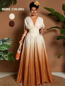 Gradient Brown Long Dress, French V Neck High Waist Swing Dress, Beach Vacation Party Evening Dress
