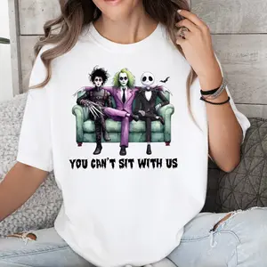 You Can't Sit With Us Halloween Shirt, Fun Horror Characters Shirt, Jack O Lantern Tees, Nightmare Before Christmas - Vintage Trendy Casual Shirt For Halloween Party - Crewneck Shirt Womenswear T-Shirt Tops Lady Comfort Shirt Streetwear Summer Shortsleeve