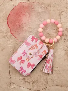Silicone Bracelet Keychain Wallet for Women, Cherry Bow Design, Floral Pattern, Silicone Wristband, Female Holiday Gift, Cherry Bow Keychains