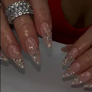 Red Flame Glitter Press On Nails Almond Shiny Diamond Nail Art