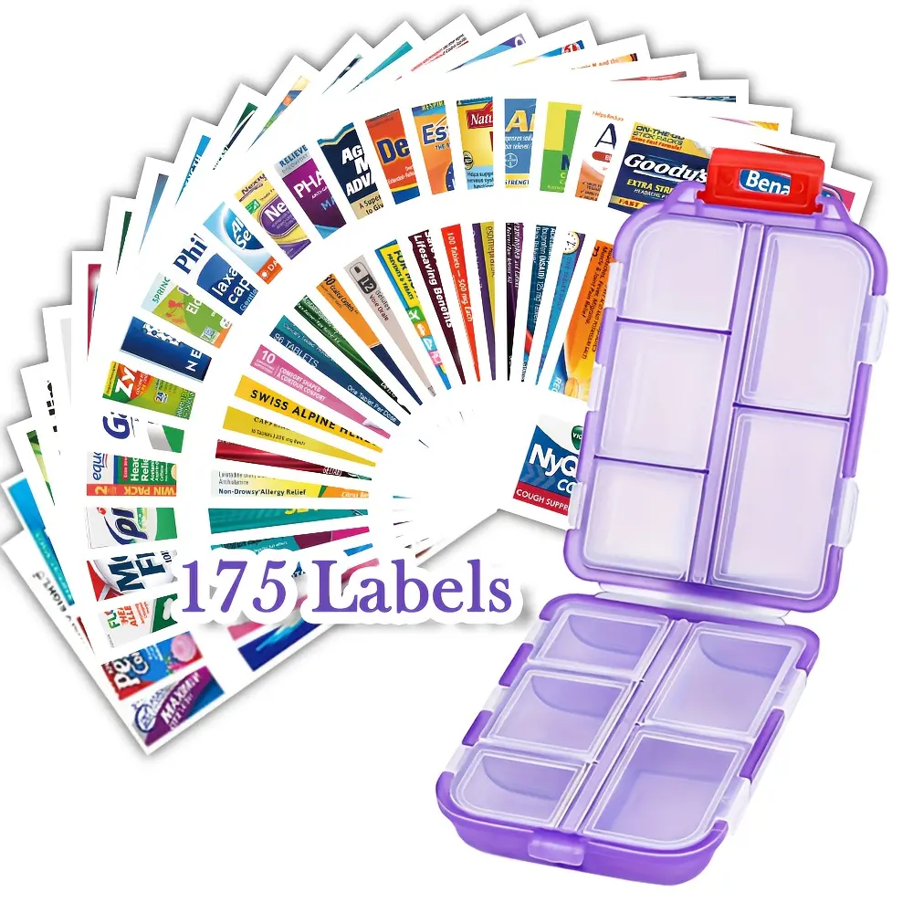 Travel-Friendly Pill Organizer with 175 Medicine Labels, Mini Daily Pill Container and 7-Day Pill Case for Medication Storage, Portable Organizer, Compact Design