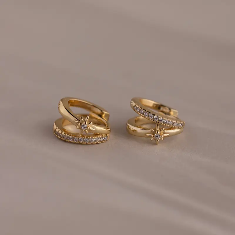 Starburst Pave Duo Huggies by Caitlyn Minimalist - Dainty Crystal Star Huggie Earrings - Pave Diamond Double Hoop Earrings - Celestial Jewelry - Birthday Gift for Her