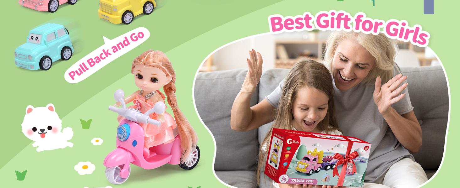 Cute Stone Princess Truck Toys Set with 31.5 in Extra Long Track Slide 3 Layer Foldable Transport Carrier Vehicle Light & Sound for Little Girls, Valentine's Day gift