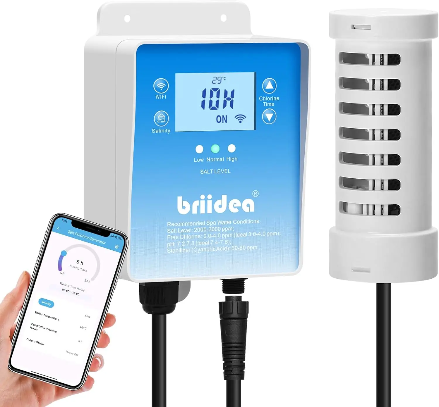 Briidea WiFi Salt Chlorine Generator with USA Titanium Cell, APP Monitoring, Real-Time Alerts, Live Water Temperature Readout, Low Salt Monitoring, No-Fuss Setup, for Hot Tubs & Spa Pools Up to 2,000 Gal