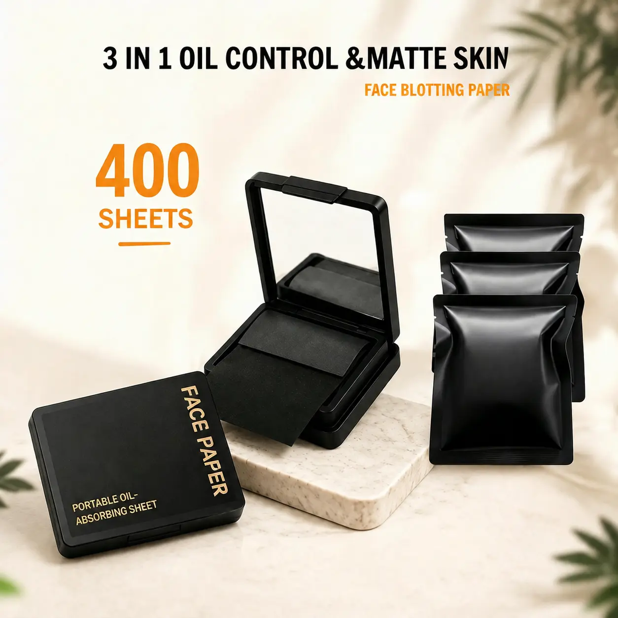 Face Oil Blotting Paper ,Mini Makeup Touch-Up Kit ,oil control,3-in-1 Blotting Paper + Mirror + Powder Puff ,Travel & On-the-Go Portable Design, Fits in Your Handbag ,Daily & Stage Makeup Touch-Up,1 Full Pack + 3 Refills ,Carry-On Approved,400 sheets