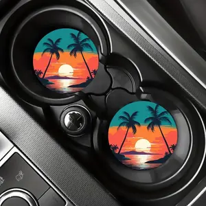 2-Pack Car Cup Mats, 2.75 Inches, Beach Sunset Coconut Tree Design, Unisex Gift, Car Interior Decor, Car Cup Holder Mat