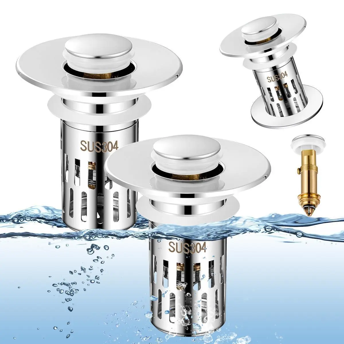 5-in-1 Bathroom Sink Stopper, 2 Pc Pop-Up Drain Stopper with Removable Hair Catcher, Anti-Clog Strainer, Odor Blocking & One-Way Flow Design, All Metal Brass Core & Stainless Steel, Fit 1.1"–2.36"