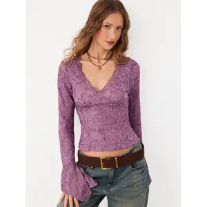 Cider V-Neck Lace mesh Floral Long Sleeve Top