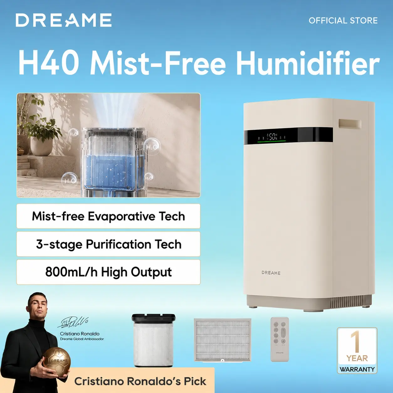 DREAME H40 Mist-Free Humidifier, Cool Evaporative Air Humidifier with 3-Stage Purification for Comfortable Air, 6L Easy to Fill & Clean, Suitable for Large Bedroom Plant, Indoor, Home, Quiet Sleep Mode