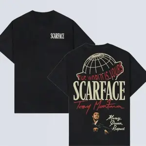 MScarface Two Sides Washed Graphic Tee - The World is Yours Design with Tony Montana Iconic Image, Perfect for Movie Fans and Streetwear Enthusiasts ,outfits men,Inspired graphic tees men gifts dailywear Menswear
