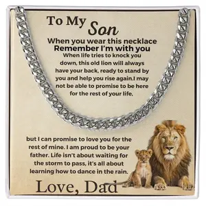 To My Son Minimalist Chain Necklace, Cuban Link Chain Necklace with Message Card Box, Son Birthday Gift from Dad, Real Chains for Men