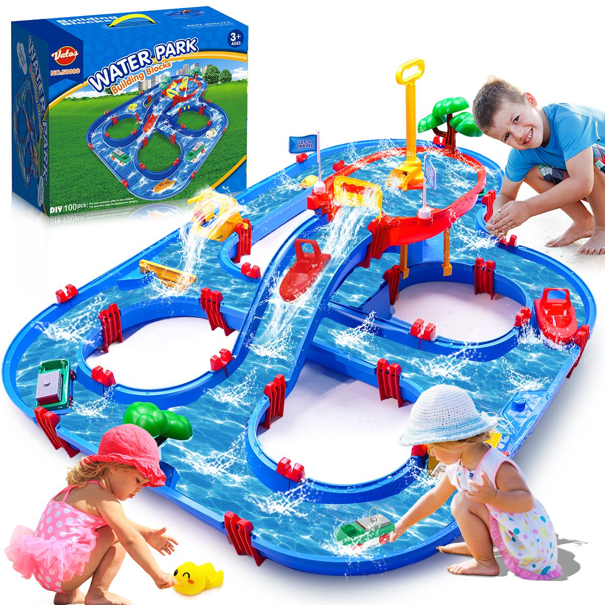 Double-Tier Kids Water Table Toys, 100PCS Water Park Playset with Pump, DIY Toddler Waterways, Summer Outdoor Toys for B