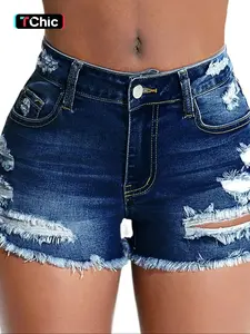 ELI Women's Distressed Hem Ripped Denim Shorts, Casual Fashion Shorts for Daily Wear, Ladies Bottoms for Summer