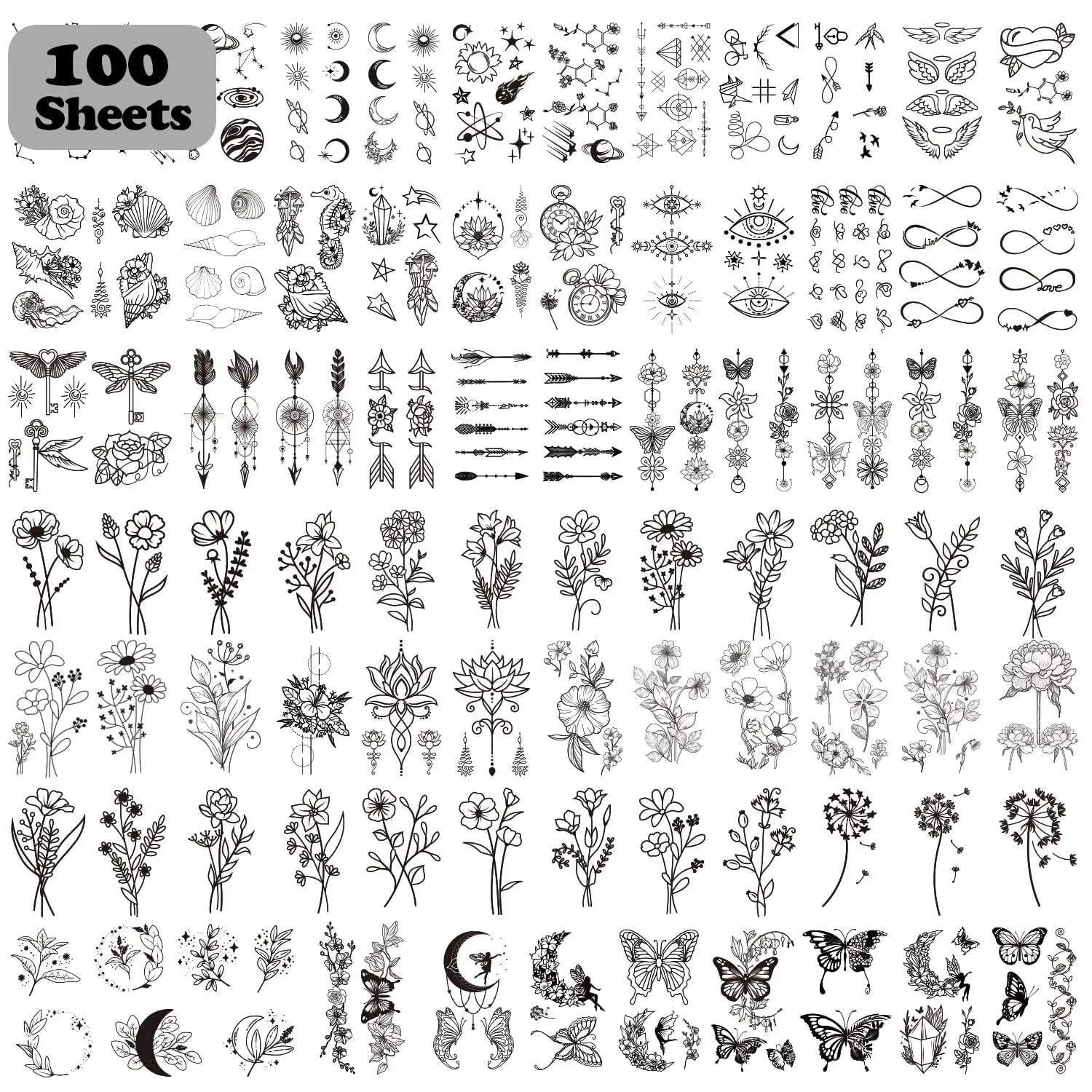 100 Sheets Temporary Tattoos for Women Adult, 420 Mixed Styles Tiny Branch Fake Tattoo Stickers that Look Real and Last Long, Realistic Henna Tattoo for Girl