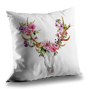 Begin Home Decor C1PT1414FTH3DC 14 x 14 in. Rustic Deer Skull with Flowers - Poly Twill Throw Pillow
