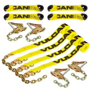 VULCAN 8-Point Roll Back Vehicle Tie Down Kit with Chain Tails on Both Ends - Set of 4 - Classic Yellow Car Accessories