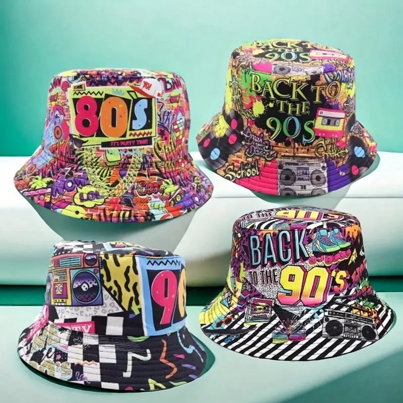 Lightweight Polyester Bucket Hat with Reversible Graffiti Print for Men and Women - Retro Disco Party Fisherman Cap 80's and 90's